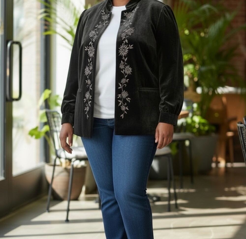 Apt 9 Women Embroidered Velvet Jacket 22w Black Velour Cocktail romantic goth